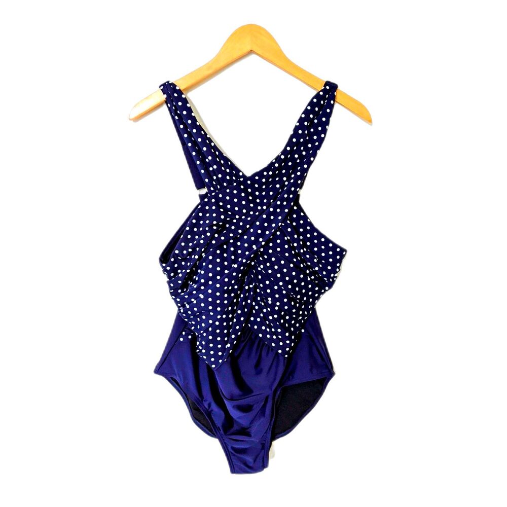 NEW High Neck Wrap One Piece Swimsuit Blue/White Polkadot Size 18 NWT